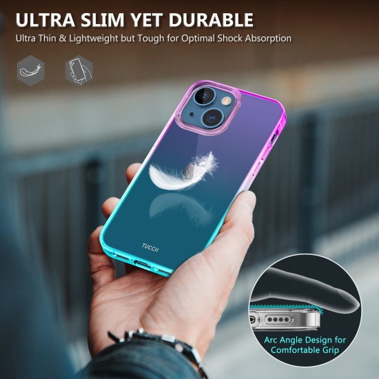 TUCCH Doorzichtig hoesje compatibel met iPhone 13 Mini, ultradunne TPU Gradient Shockproof Case Cover met [glazen schermbeschermer], anti-kras volledige bescherming telefoonhoesje, paars en blauw