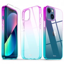 TUCCH Doorzichtig hoesje compatibel met iPhone 13 Mini, ultradunne TPU Gradient Shockproof Case Cover met [glazen schermbeschermer], anti-kras volledige bescherming telefoonhoesje, paars en blauw