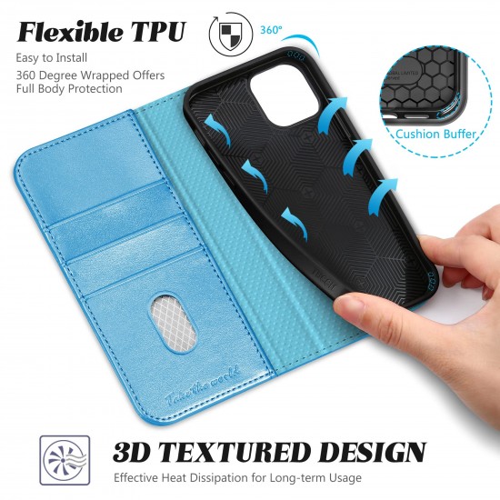 TUCCH Portemonnee hoesje voor iPhone 12 Pro/12 (6,1 inch), PU lederen standaard flip folio cover met [kijkstandaard ][kaart Shockproof TPU], beschermend telefoonhoesje, glanzend blauw