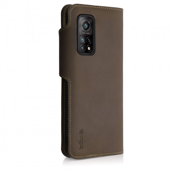 kalibri telefoonhoesje compatibel met Xiaomi Mi 10T / Mi 10T Pro - Hoesje met pasjeshouder en standaard - bruin - Wallet case