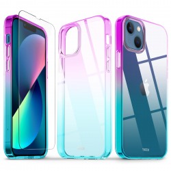 TUCCH Doorzichtig hoesje compatibel met iPhone 13, ultradunne TPU-gradiënt schokbestendige hoes met [glazen schermbeschermer], anti-kras volledige bescherming mobiele telefoonhoesje, paars en blauw