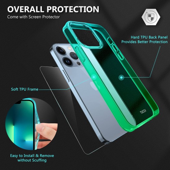 TUCCH Hoesje compatibel met iPhone 13 Pro, ultradunne TPU Gradient Clear Shockproof Case Cover met [glazen schermbeschermer], anti-kras volledig beschermend mobiele telefoonhoesje, blauw en groen