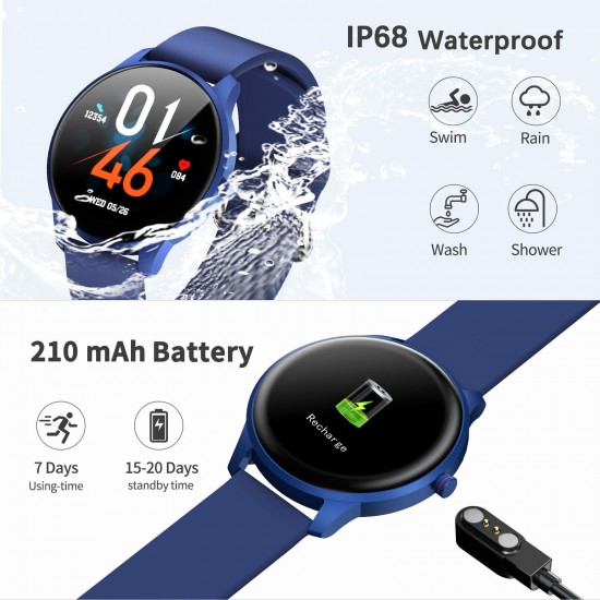 CUBOT Smartwatch voor dames, fitnesshorloge, 1,3 inch (33 mm) touchscreen, IP68 waterdicht, fitnesstracker, hartslagmeter, stappenteller, met slaapmonitor, voor Android/iOS, blauw