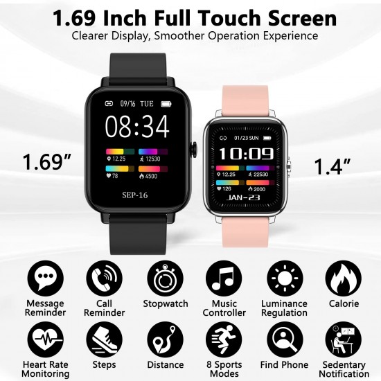 IDEALROYAL Smartwatch voor heren, 1,69 inch smartwatch voor dames, waterdicht, IP67, activiteitenarmband, met hartslagmeter, slaapmonitor, stopwatch, calorieënstappenteller, Android iOS