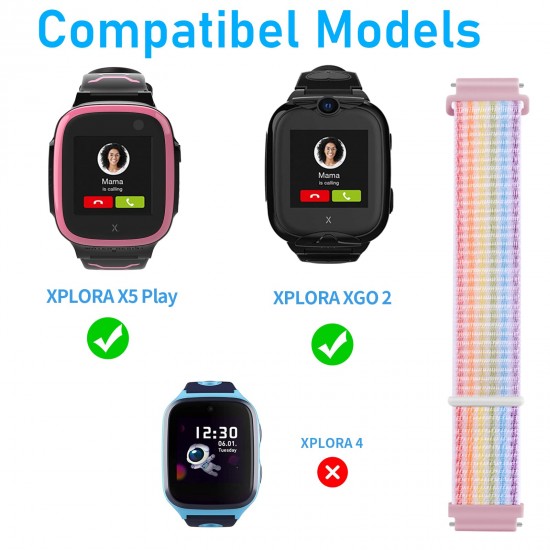 Snyeest Xplora Nylon armbanden, 2 stuks, compatibel met Xplora X5 armband, smartwatch, klittenbandsluiting, voor meisjes en jongens, verstelbare reservearmbanden voor Xplora X5 Play / XGO 2 / XGO 3