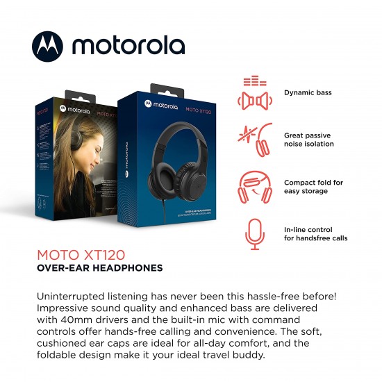 Motorola Sound MOTO XT120 - Koptelefoon met Draad - Over-Ear Koptelefoon - Kabel van 120 CM - Opvouwbaar Ontwerp - Passive Noise Isolation - Zwart