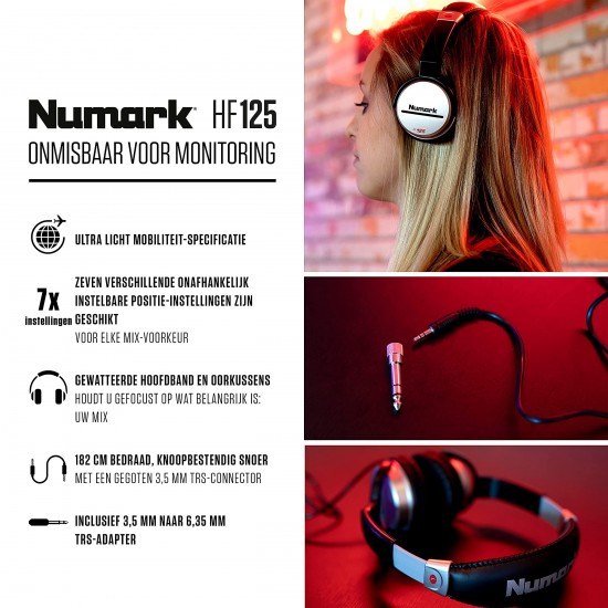 Numark HF125 Ultradraagbare professionele DJ-koptelefoon met 1,8 m kabel, 40 mm drivers voor uitgebreide respons en gesloten achterkant voor superieure isolatie