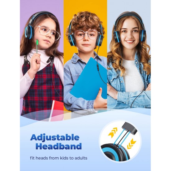 Hoofdtelefoon voor Kinderen, iClever Hoofdtelefoon voor Kinderen, Volume Limited, Stereo-Geluid, Opvouwbaar, Onverwarde Draden, 3,5 mm-Aansluiting voor School/Reizen (blauw zwart)