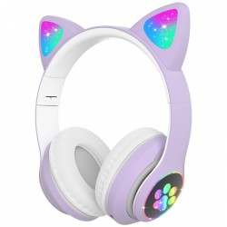 Woukksy Bluetooth hoofdtelefoon voor kinderen, opvouwbare meisjes-hoofdtelefoon over het oor, draadloze kinderhoofdtelefoon met led-licht, kattenoren en microfoon voor school, tablet, mobiele telefoon, pc, paars