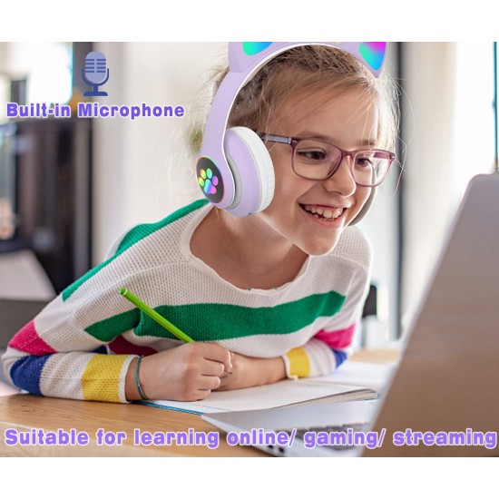 Woukksy Bluetooth hoofdtelefoon voor kinderen, opvouwbare meisjes-hoofdtelefoon over het oor, draadloze kinderhoofdtelefoon met led-licht, kattenoren en microfoon voor school, tablet, mobiele telefoon, pc, paars