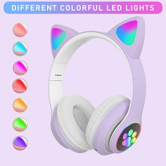 Woukksy Bluetooth hoofdtelefoon voor kinderen, opvouwbare meisjes-hoofdtelefoon over het oor, draadloze kinderhoofdtelefoon met led-licht, kattenoren en microfoon voor school, tablet, mobiele telefoon, pc, paars