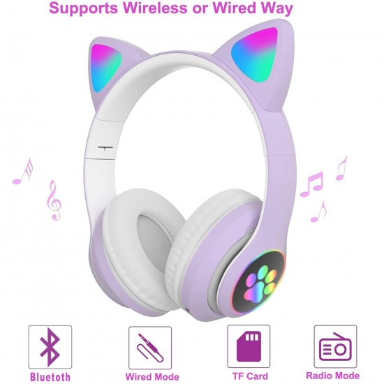 Woukksy Bluetooth hoofdtelefoon voor kinderen, opvouwbare meisjes-hoofdtelefoon over het oor, draadloze kinderhoofdtelefoon met led-licht, kattenoren en microfoon voor school, tablet, mobiele telefoon, pc, paars