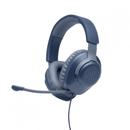 JBL Quantum 100, bedrade over ear gaming headset met afneembare microfoon, compatibel met meerdere platforms, in blauw