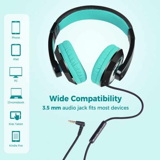 Rockpapapa Comfort+ On Ear koptelefoon met microfoon en volumeregeling voor kinderen/volwassenen, cellphone laptop tablet PC CD/DVD MP3/4 zwart teal