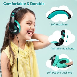 Rockpapapa Comfort+ On Ear koptelefoon met microfoon en volumeregeling voor kinderen/volwassenen, cellphone laptop tablet PC CD/DVD MP3/4 zwart teal