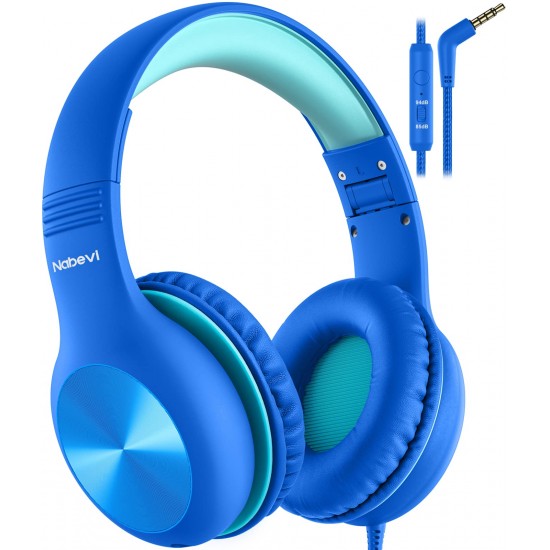 Nabevi Koptelefoons voor Kinderen, Kinder Koptelefoon met Kabel en Microfoon, 85/94dB Volumebegrenzing, HD Geluid, Functie Delen, Opvouwbare Kind koptelefoon voor School/Reis/PC/Phone/Kindle, Blauw