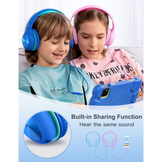 Nabevi Koptelefoons voor Kinderen, Kinder Koptelefoon met Kabel en Microfoon, 85/94dB Volumebegrenzing, HD Geluid, Functie Delen, Opvouwbare Kind koptelefoon voor School/Reis/PC/Phone/Kindle, Blauw