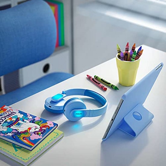 Philips Kids Draadloze on-ear-koptelefoon, draadloze koptelefoon voor kinderen met Bluetooth met gelimiteerd volume, 28 uur afspeeltijd, kleurrijk ontwerp and lichtgewicht, blauw met lampjes