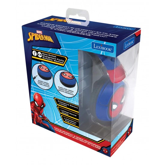 Lexibook Spiderman 2-in-1 Bluetooth-koptelefoon voor kinderen - Stereo draadloos, Veilig voor kinderen voor jongens, opvouwbaar, verstelbaar, rood/blauw