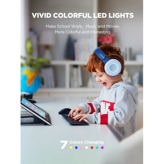 BIGGERFIVE Kids draadloze hoofdtelefoon, 7 kleurrijke LED-verlichting, Kids Bluetooth-hoofdtelefoon met microfoon, 85dB/94dB volume beperkt, opvouwbare op oor heaphones voor kinderen/jongens/meisjes/brandtablet/ipad, blauw