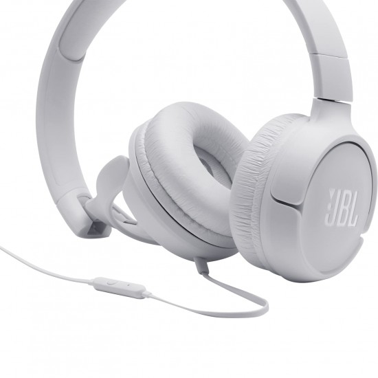 JBL Tune500 on-ear hoofdtelefoon met kabel, wit, oortelefoon met 1-knops afstandsbediening, geïntegreerde microfoon en spraakassistent, telefoneren en muziek luisteren onderweg