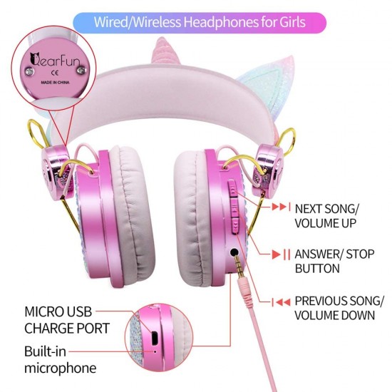 JYPS Kids Bluetooth-hoofdtelefoon voor meisjes, draadloze/bedrade eenhoornhoofdtelefoon, over-ear met microfoon, Sparkly strass kinderhoofdtelefoon met eenhoornarmband cadeau voor verjaardag, Xmas (roze