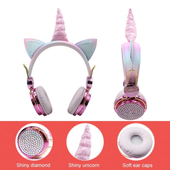 JYPS Kids Bluetooth-hoofdtelefoon voor meisjes, draadloze/bedrade eenhoornhoofdtelefoon, over-ear met microfoon, Sparkly strass kinderhoofdtelefoon met eenhoornarmband cadeau voor verjaardag, Xmas (roze