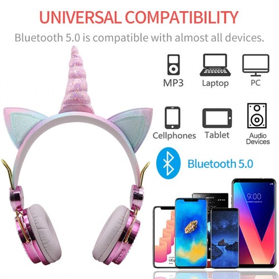 JYPS Kids Bluetooth-hoofdtelefoon voor meisjes, draadloze/bedrade eenhoornhoofdtelefoon, over-ear met microfoon, Sparkly strass kinderhoofdtelefoon met eenhoornarmband cadeau voor verjaardag, Xmas (roze