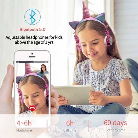 JYPS Kids Bluetooth-hoofdtelefoon voor meisjes, draadloze/bedrade eenhoornhoofdtelefoon, over-ear met microfoon, Sparkly strass kinderhoofdtelefoon met eenhoornarmband cadeau voor verjaardag, Xmas (roze