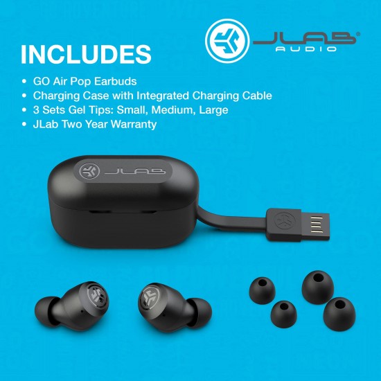 JLab Go Air Pop True Wireless Oordopjes, Bluetooth Draadloze Hoofdtelefoon en usb oplaadstation met dubbele verbinding, aangepast EQ3-geluid en de kleinste pasvorm ooit, Zwart JLab Go Air Pop True Wireless Oordopjes, Bluetooth Draadloze Hoofdtelefoon en usb oplaadstation met dubbele verbinding, aangepast EQ3-geluid en de kleinste pasvorm ooit, Zwart