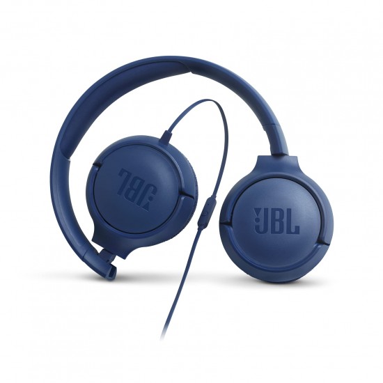 JBL Tune500 on-ear hoofdtelefoon met kabel in blauw – oortelefoon met 1-knops afstandsbediening, geïntegreerde microfoon en spraakassistent – telefoneren en muziek luisteren onderweg