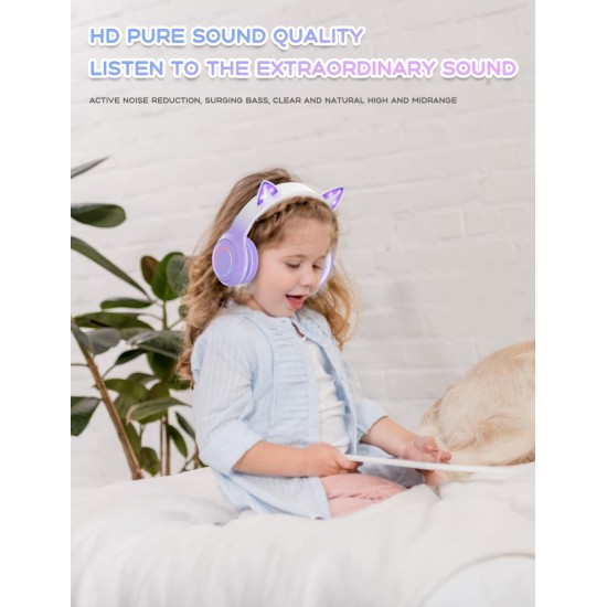 VuyKoo Kinderhoofdtelefoon, bluetooth met HD-microfoon, voor meisjes, kattenoor-koptelefoon, over-ear met ledlicht, opvouwbare stereo hoofdtelefoon, draadloos, hoofdtelefoon voor mobiele telefoon/tablet/pc (paars)