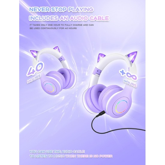 VuyKoo Kinderhoofdtelefoon, bluetooth met HD-microfoon, voor meisjes, kattenoor-koptelefoon, over-ear met ledlicht, opvouwbare stereo hoofdtelefoon, draadloos, hoofdtelefoon voor mobiele telefoon/tablet/pc (paars)