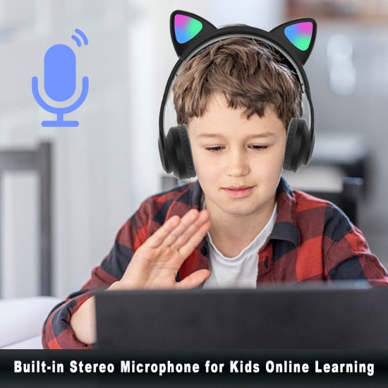Woukksy Bluetooth hoofdtelefoon voor kinderen, opvouwbare hoofdtelefoon voor jongens en meisjes, over het oor, draadloze kinderhoofdtelefoon met led-licht, kattenoren en microfoon voor school, tablet, mobiele telefoon en pc