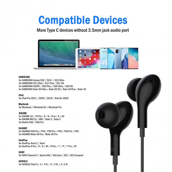 USB Type C koptelefoon magnetische HiFi stereo in-ear koptelefoon met microfoon en volumeregeling voor i'Pad Pro 2021 S'amsung S21 S20 FE H'uawei P30 X'iaomi 11T Redmi 10 O'nePlus 9 7T Zwart