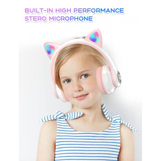 VuyKoo Bluetooth kinderkoptelefoon met microfoon/gekleurde ledverlichting, kattenoren hoofdtelefoon 85 dB volumeregeling, opvouwbare HD stereo hoofdtelefoon voor kinderen tablet/school/iPad/smartphone (roze)