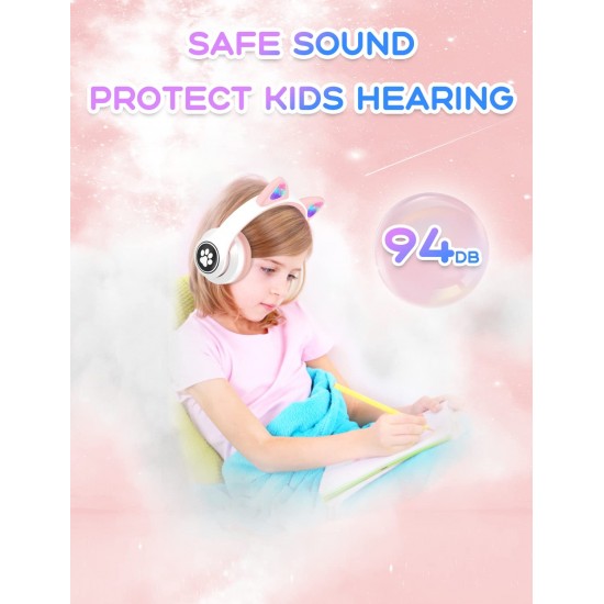 VuyKoo Bluetooth kinderkoptelefoon met microfoon/gekleurde ledverlichting, kattenoren hoofdtelefoon 85 dB volumeregeling, opvouwbare HD stereo hoofdtelefoon voor kinderen tablet/school/iPad/smartphone (roze)